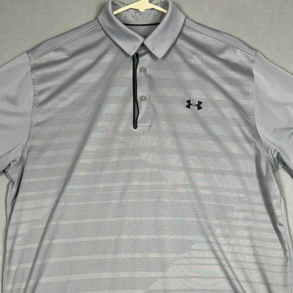 Under Armour Polo Shirt Mens XL Grey Striped Golf Performance Rugby Short Sleeve